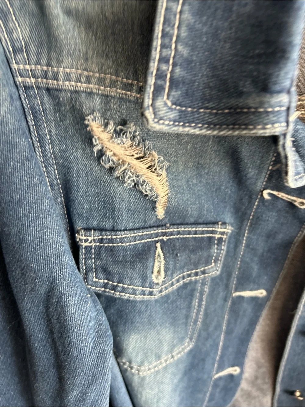Classic Medium Blue Denim Shirt Jacket distressed with Lady Bug pin - Picture 4 of 6